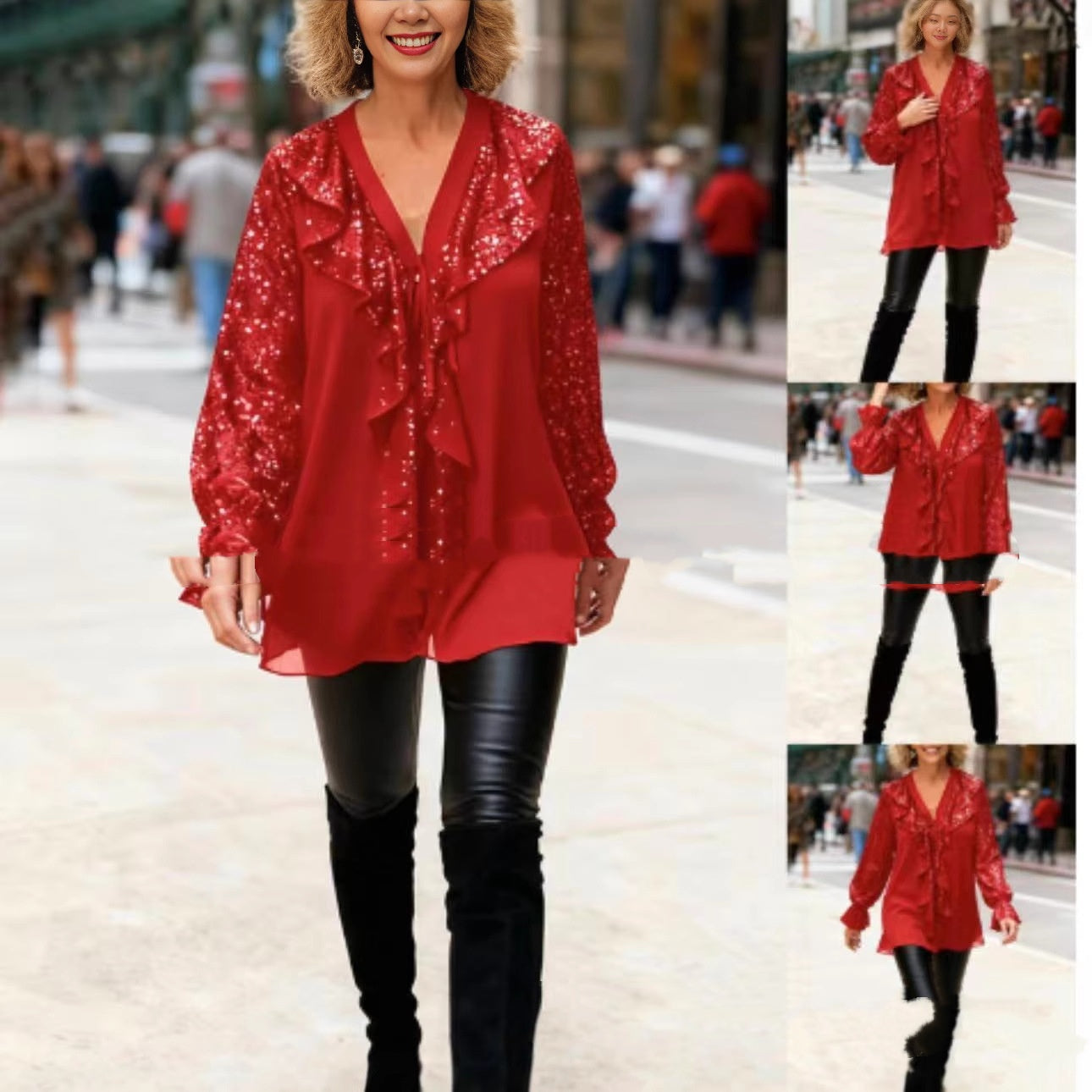 Loose Fit Sequin Patchwork Long Sleeve Chic Everyday Blouse