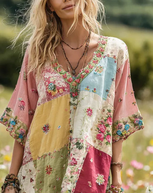 Boho Colorblock V-Neck Three-Quarter Sleeve Loose Casual Top