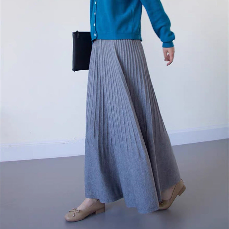 High Waisted Knitted Pleated Midi Skirt For Slimming Fit