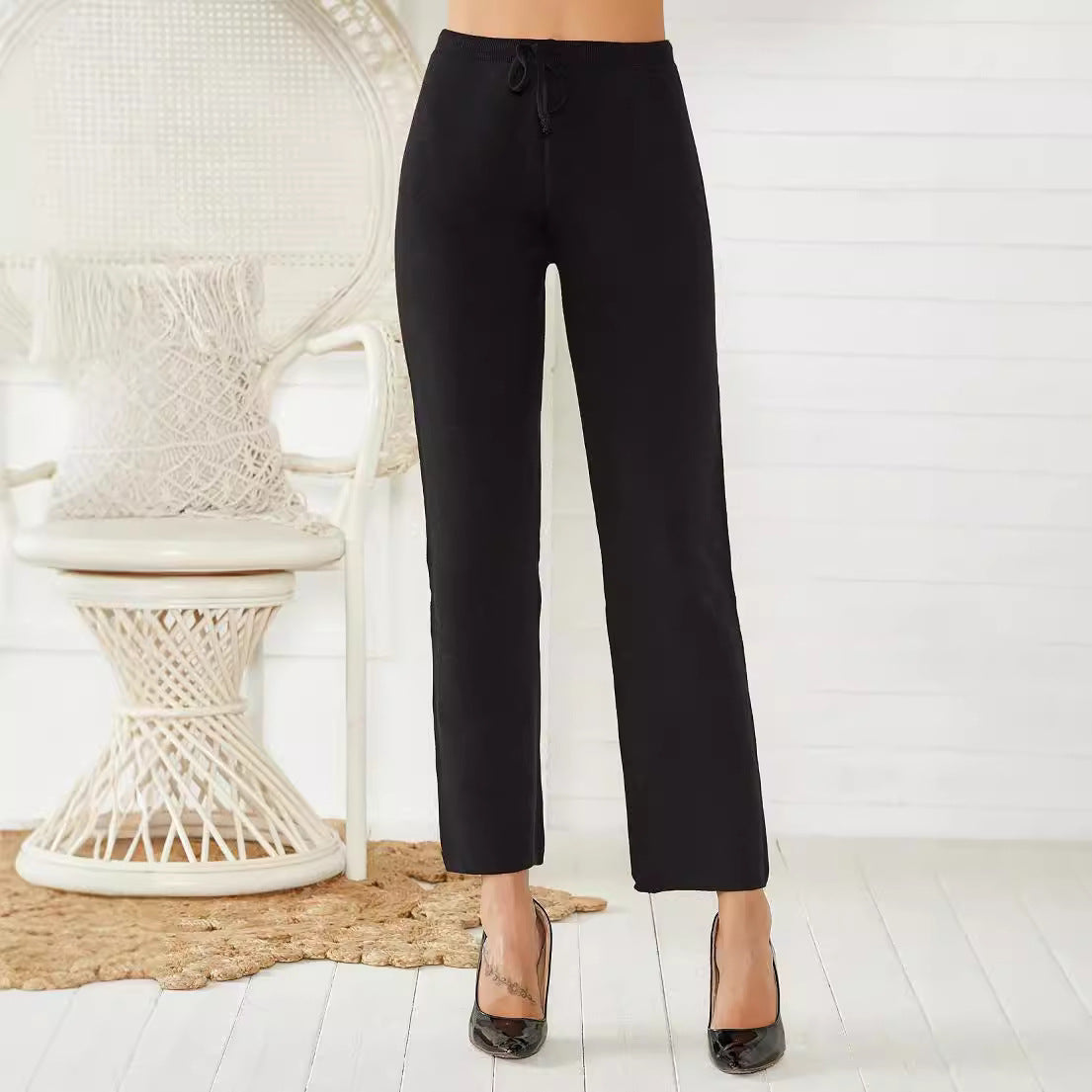 Mid Waist Acrylic Stretch Slimming Warm Pencil Trousers