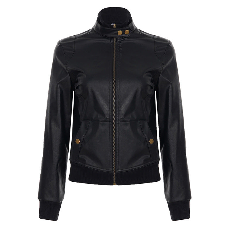 American Street Motorcycle Style Waist Trim Short PU Jacket