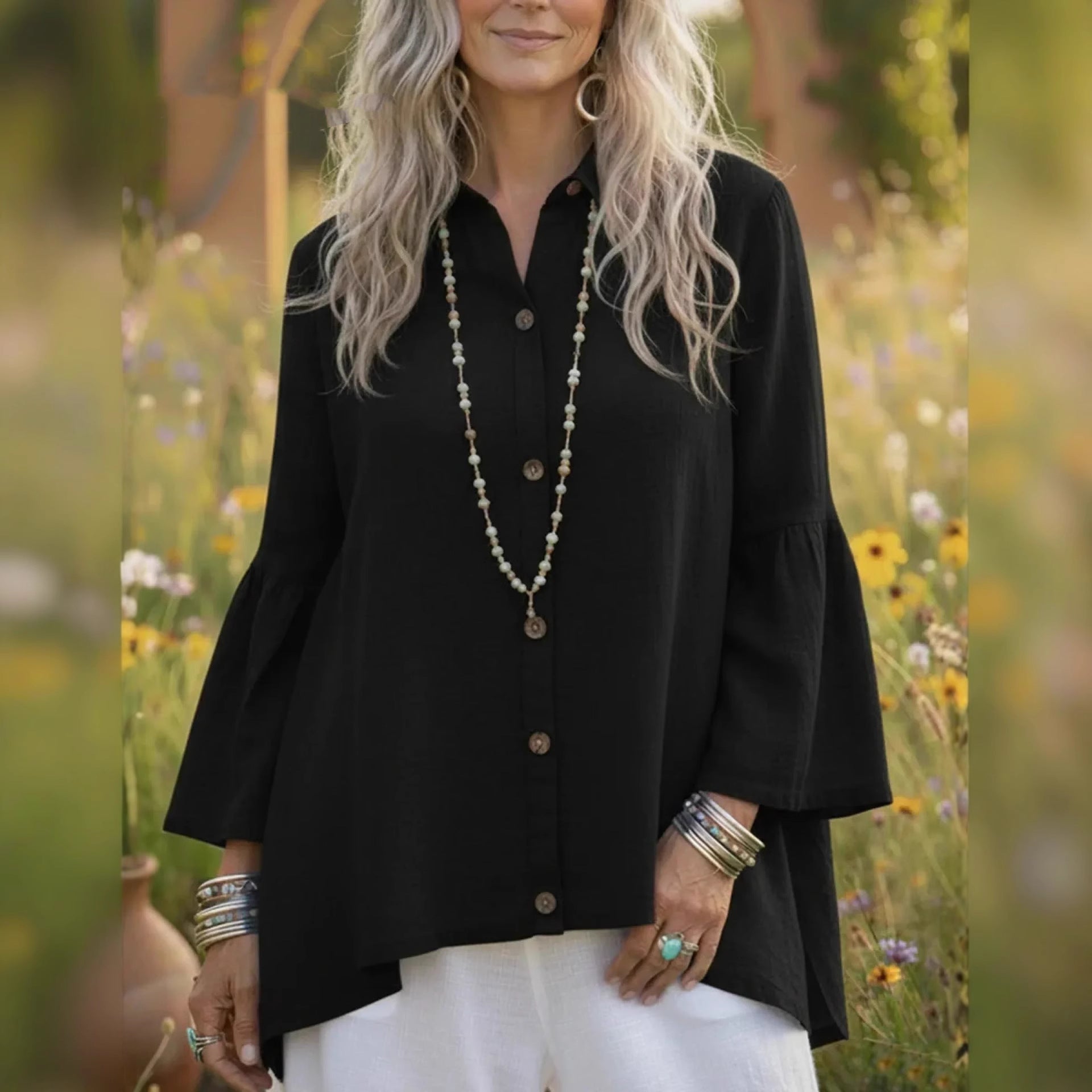 Women's Loose Fit Flare Sleeve Cotton-Linen Shirt For Everyday Wear