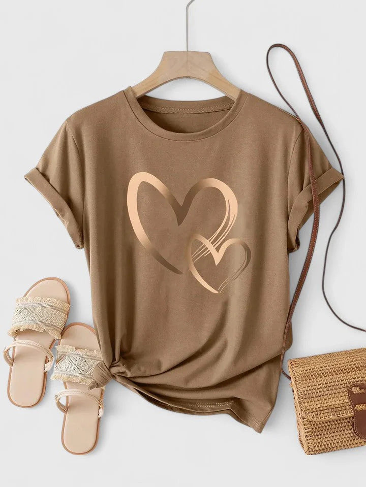 Soft Cotton Short Sleeve Casual Heart Print Everyday Women's Top