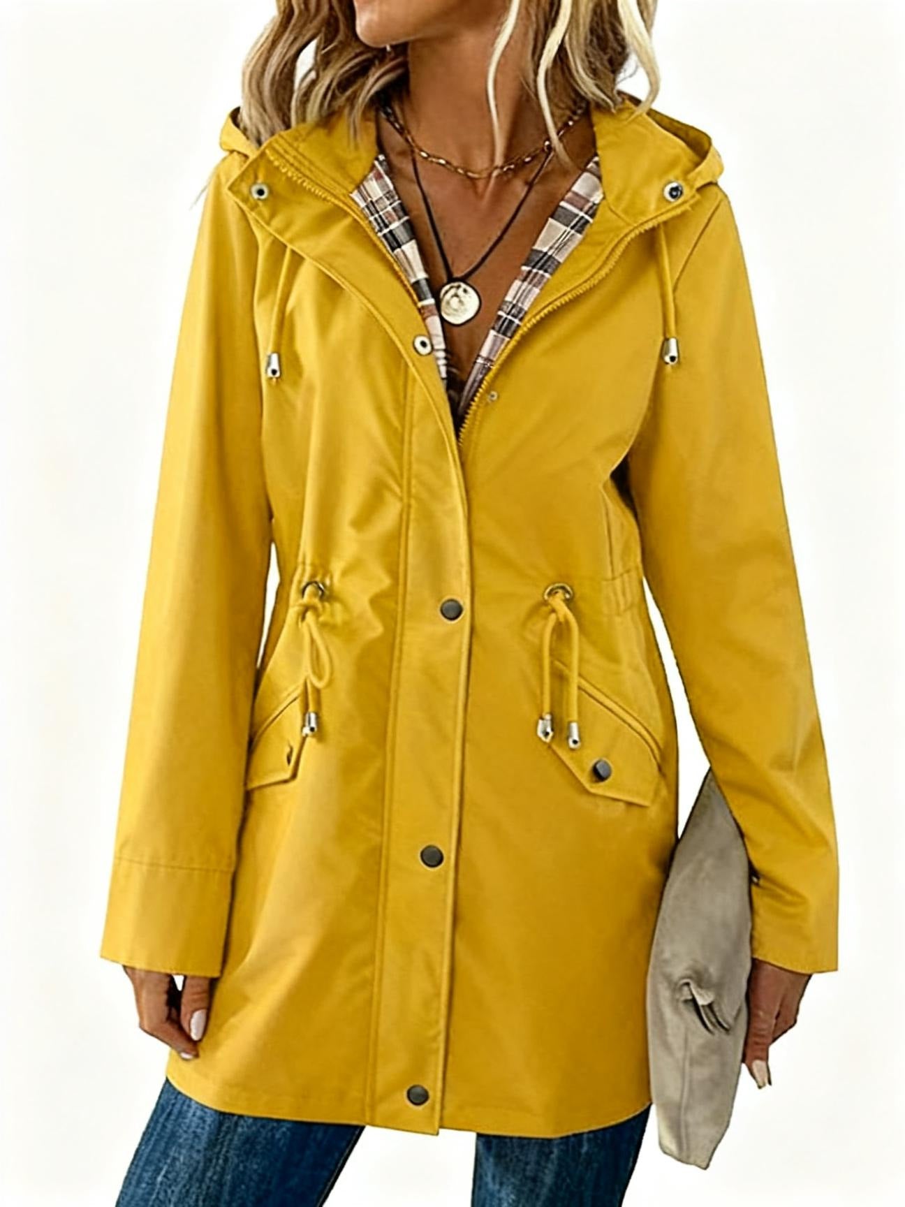 Plaid Hooded Drawstring Nipped-Waist Coat For Stylish Everyday Wear