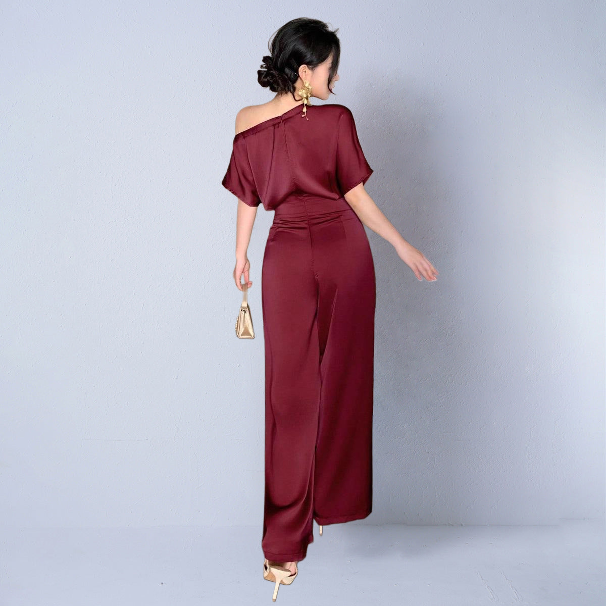 Elegant Satin Asymmetrical Jumpsuit With Lightweight Flowing Fit