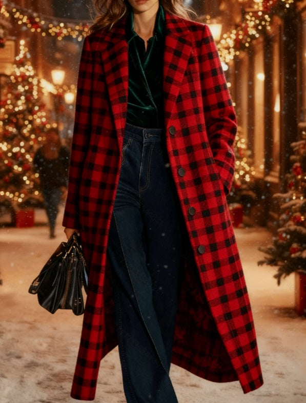 Plaid Retro Long Wool Coat For Women Casual