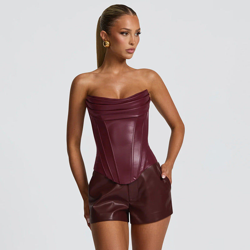 Women's PU Leather Sleeveless Corset Top With Fishbone Straps