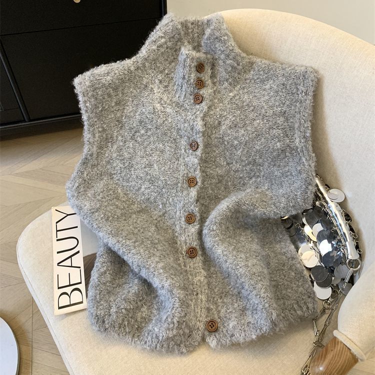 High-Neck Button-Front Chenille Knit Sleeveless Warm Vest