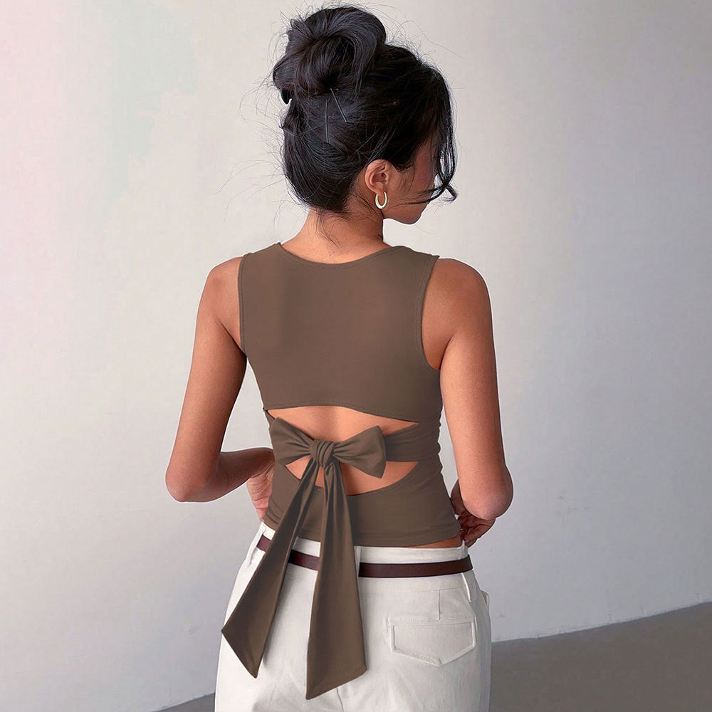 Elegant Bow Back Sleeveless Slim Fit Short-Length Fashion Top