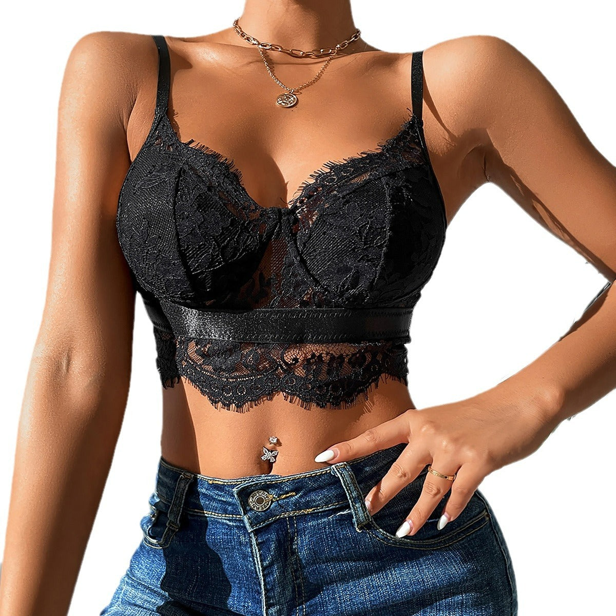 Sheer Mesh Floral Spliced Backless Slim Fit Ultra-Short Camisole