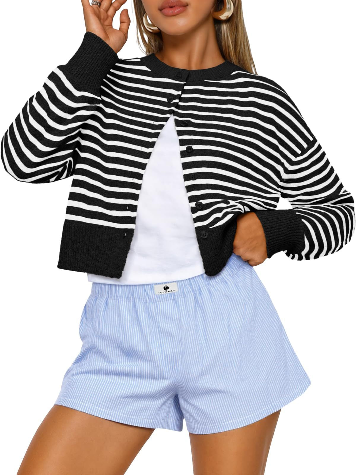 Cropped Button-Front Crewneck Knit Sweater For Women