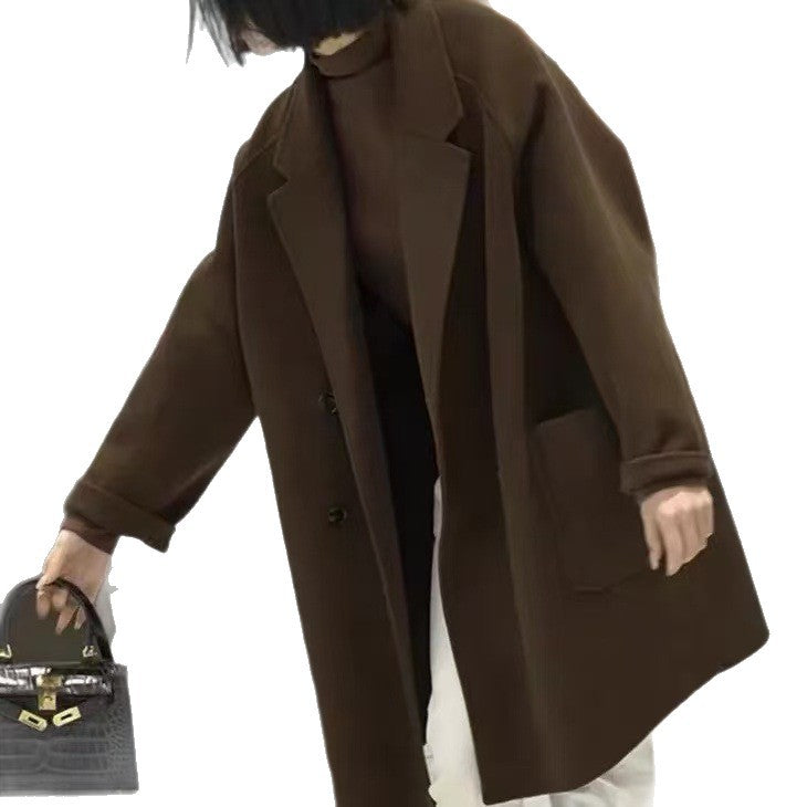Korean Style Mid-Length Loose Woolen Coat With Button Front