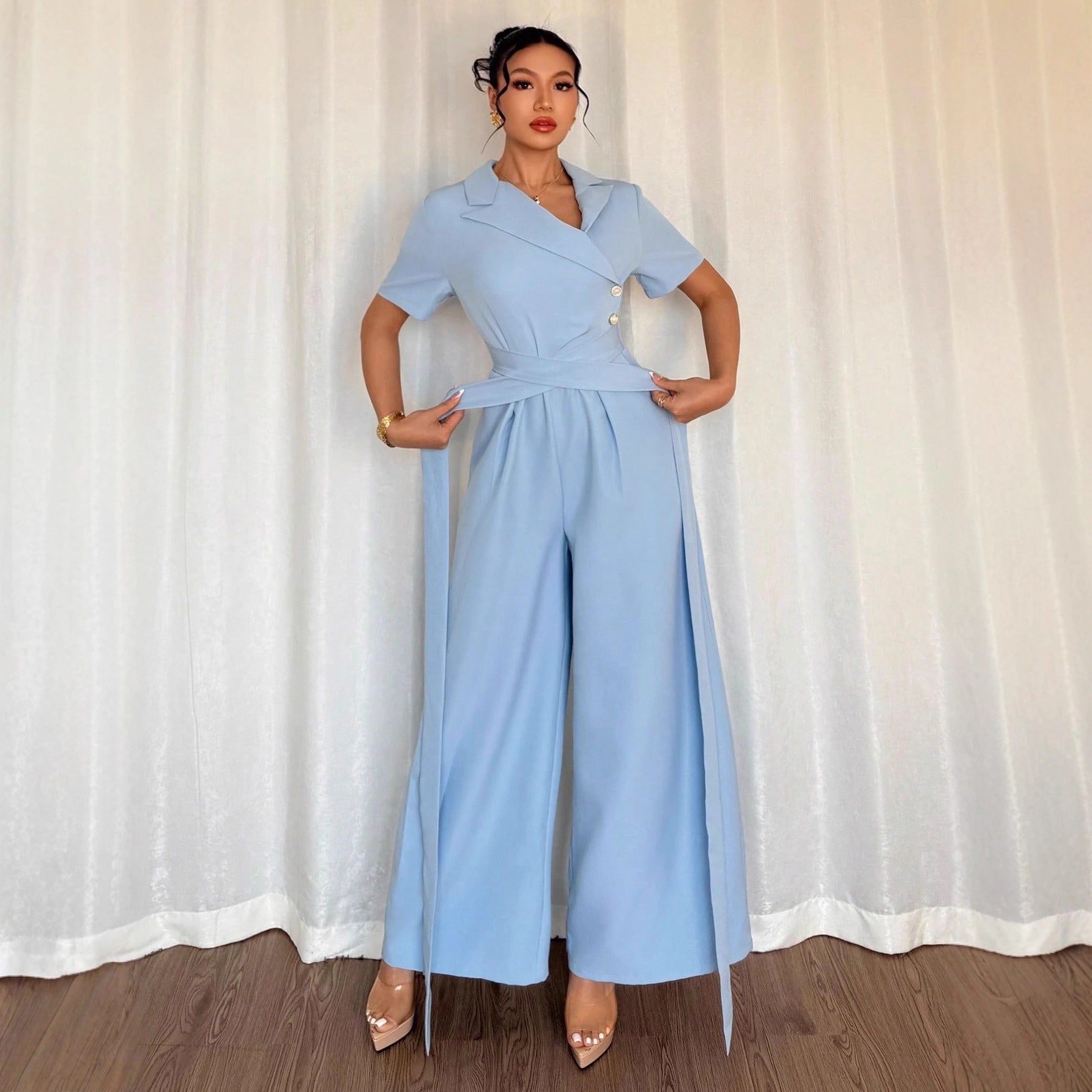Sky Blue Off Shoulder Belted Jumpsuit With Elegant Slim Fit