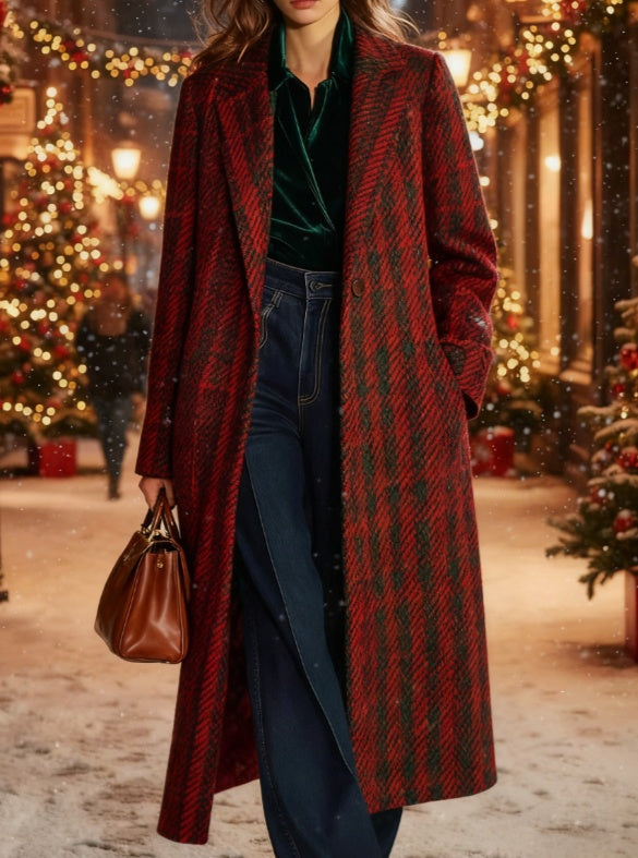 Plaid Retro Long Wool Coat For Women Casual