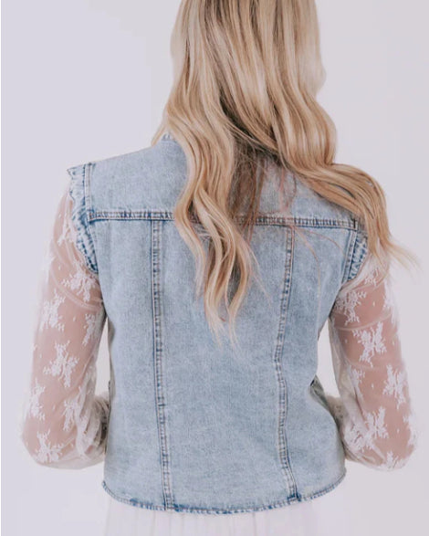 Button-Front Denim Vest With Patch Pockets And Fan-Trim Detail
