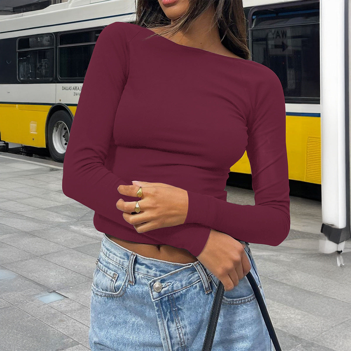 Slim Fit Long Sleeve Solid Color Wrinkle-Resistant Knit Base Top