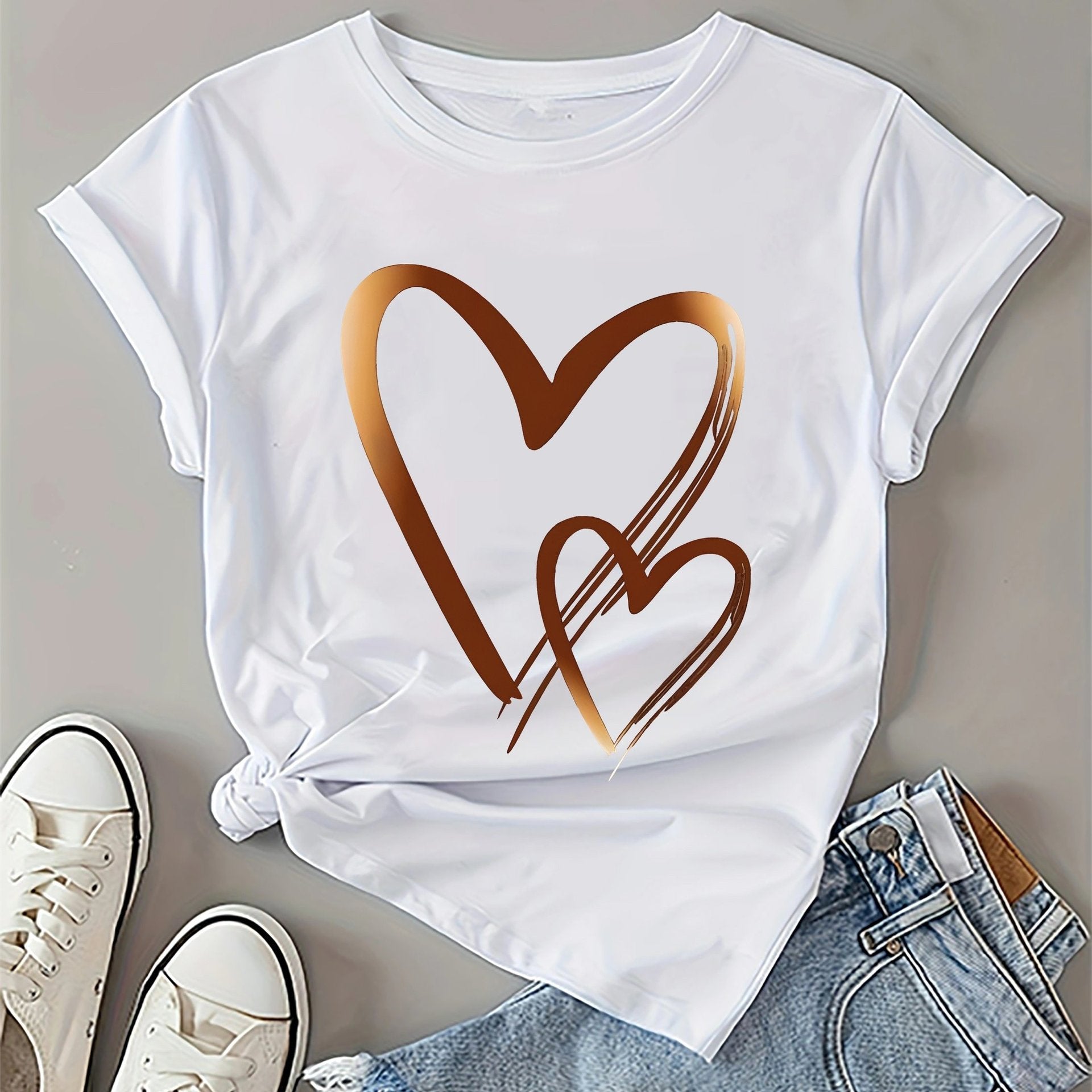 Soft Cotton Short Sleeve Casual Heart Print Everyday Women's Top