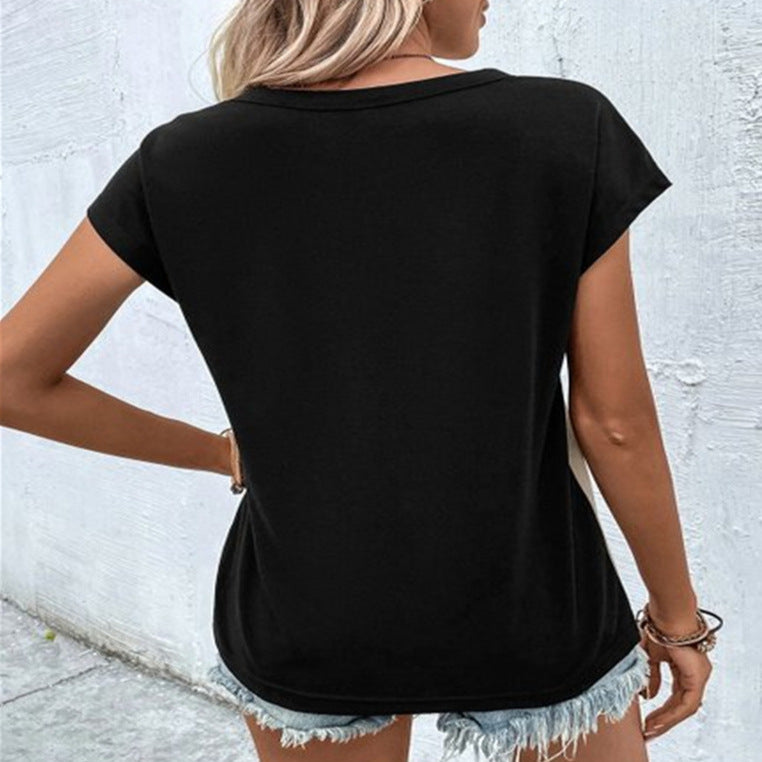 Elegant Color-Blocked Loose Fit Short Sleeve Everyday Commuter Top
