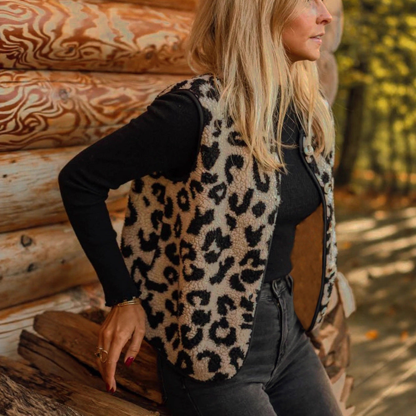 Leopard Pattern Faux Fur Sleeveless Cardigan Warm Winter Vest