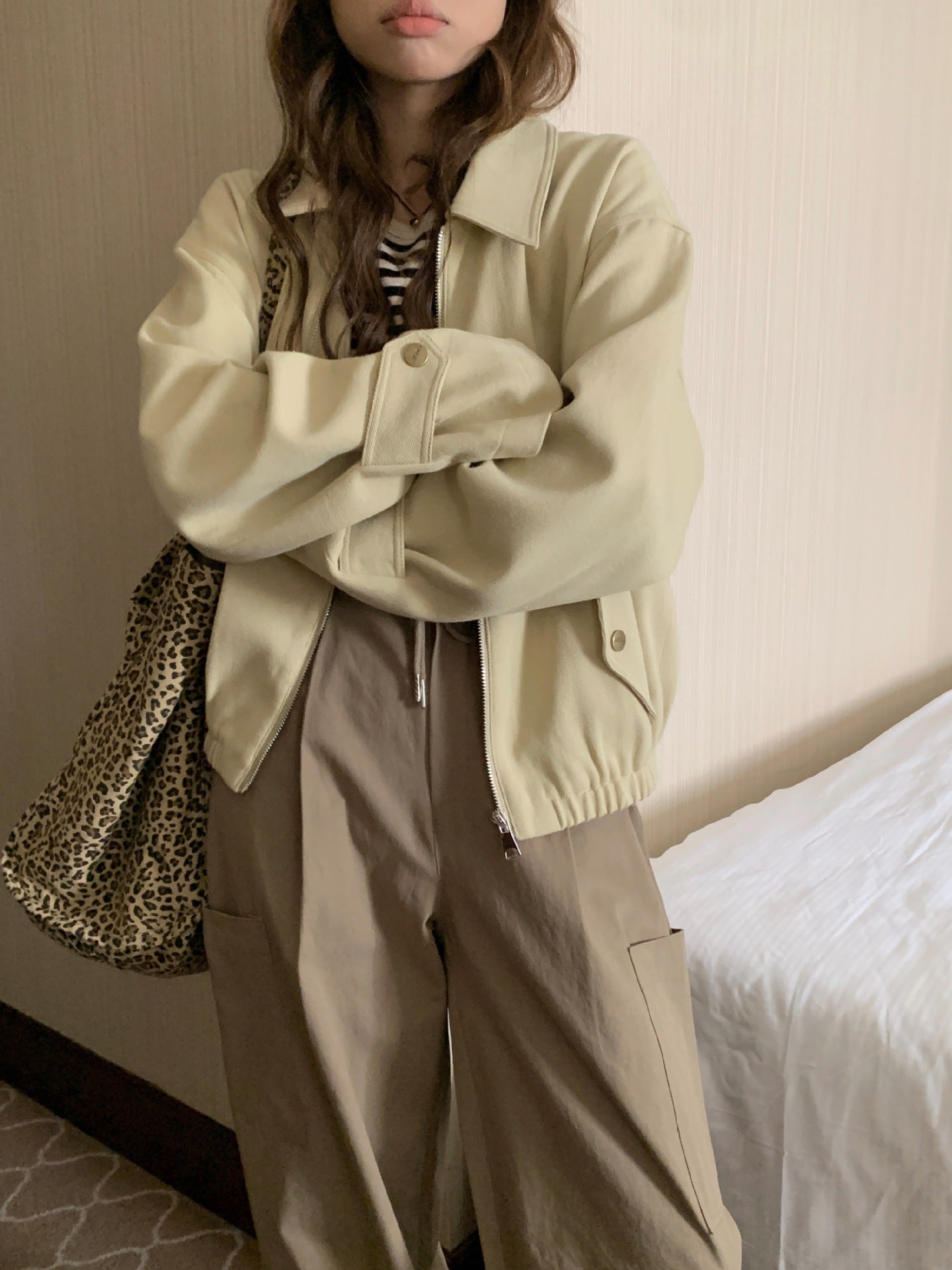 Casual Khaki Lapel Zipper Coat Women's Loose Slimming Jacket