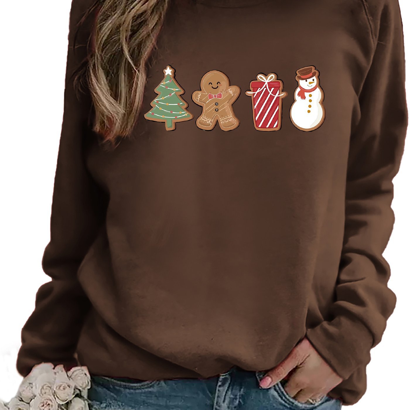 Snowman Gingerbread Print Cozy Long Sleeve Holiday Pullover Sweater
