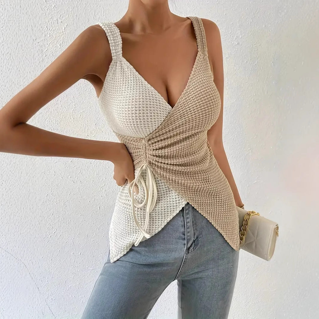 V?Neck Sleeveless Loose Fit Casual Polyester Summer Top