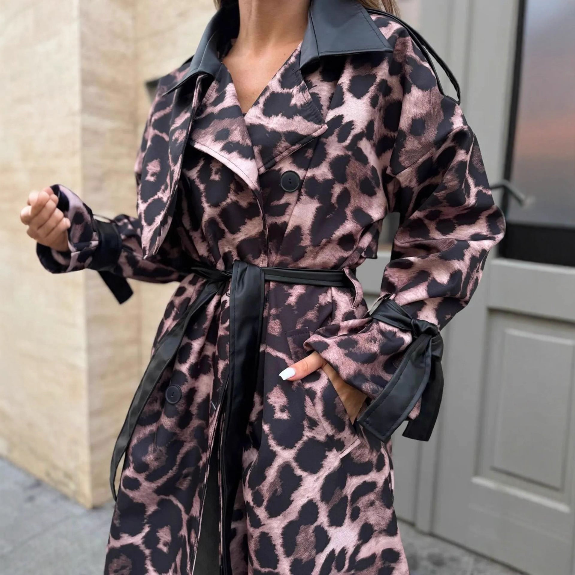 Loose Leopard Print Patchwork Jacket With Casual Leather Look