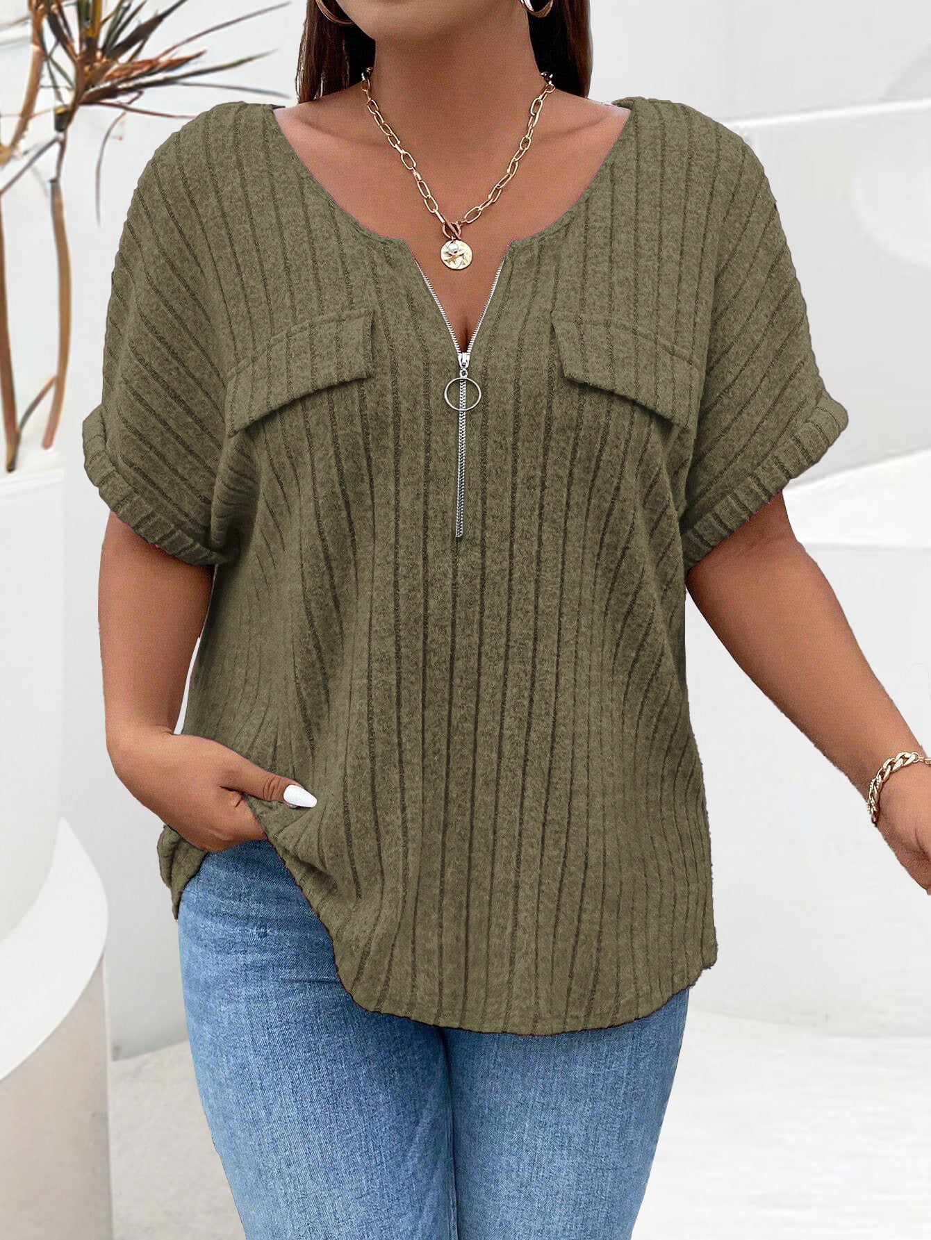 Zipper Accent Short Sleeve Loose Fit Casual Pullover Summer Top