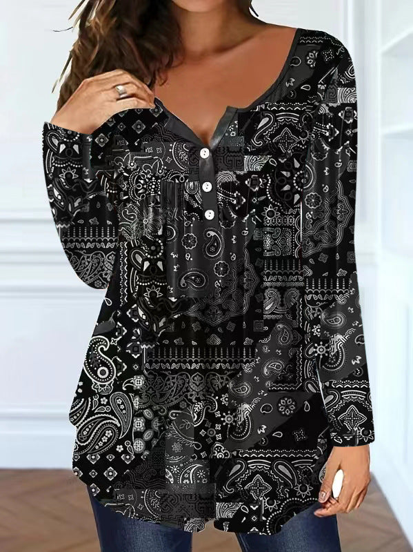 Women's Loose Fit V-Neck Buttoned Long Sleeve Casual T-Shirt