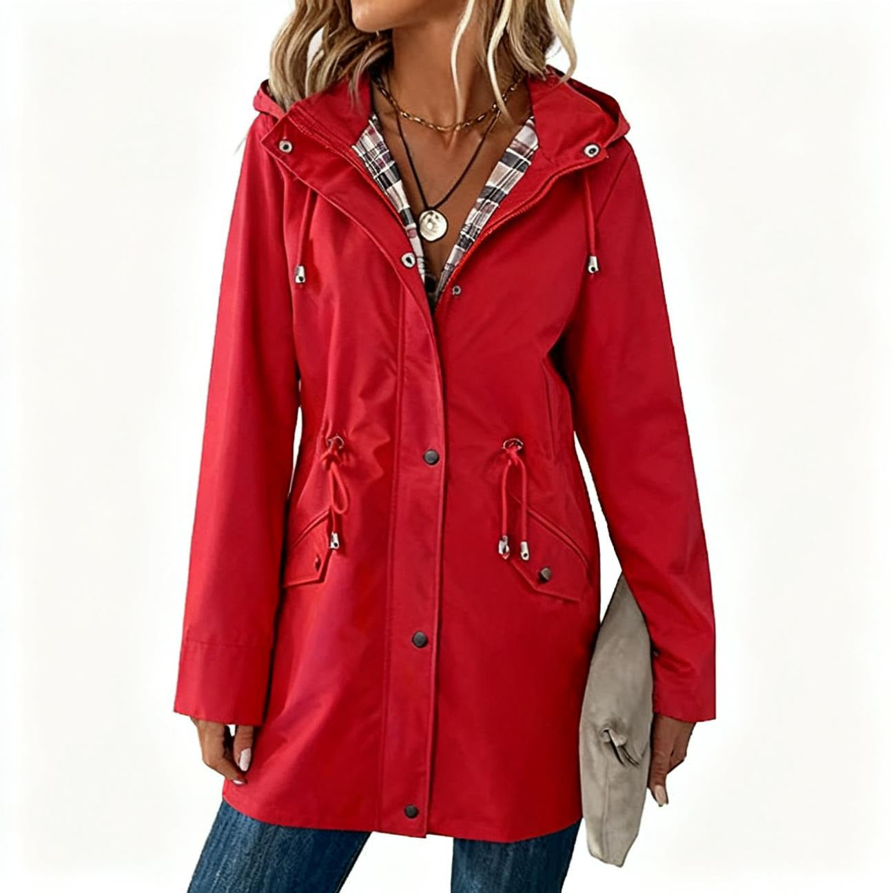 Plaid Hooded Drawstring Nipped-Waist Coat For Stylish Everyday Wear