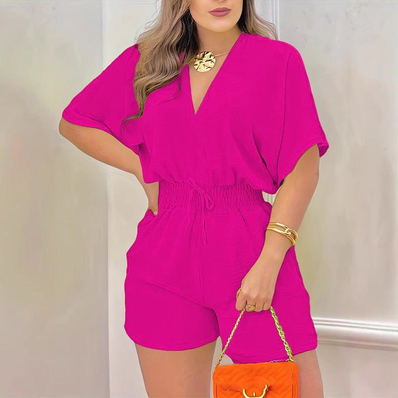 Ruffled V Neck Wide Leg Jumpsuit With Elegant Three Quarter Sleeves