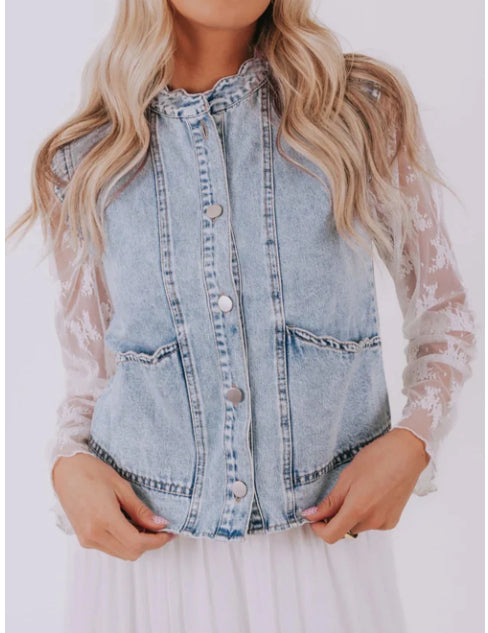 Button-Front Denim Vest With Patch Pockets And Fan-Trim Detail