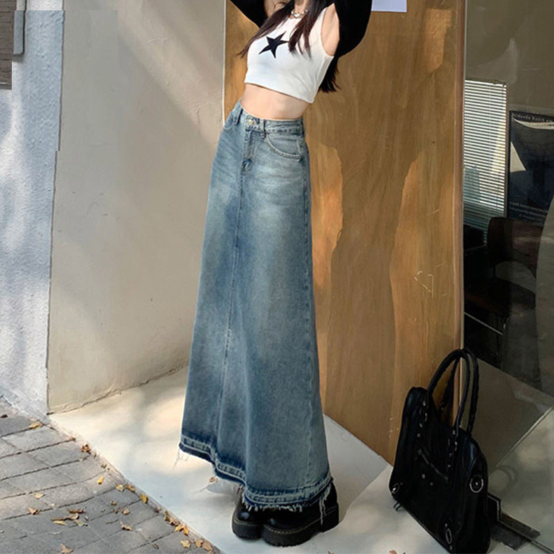 Frayed Vintage Blue High Waisted Denim Skirt With Washed Look