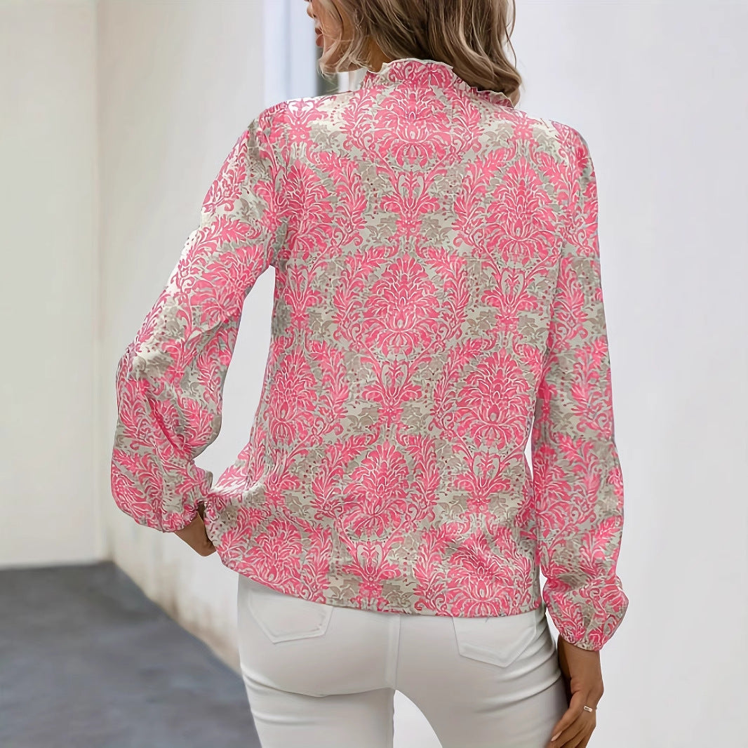 Elegant Printed Lantern Sleeve Ruffled Trim Long Sleeve Blouse