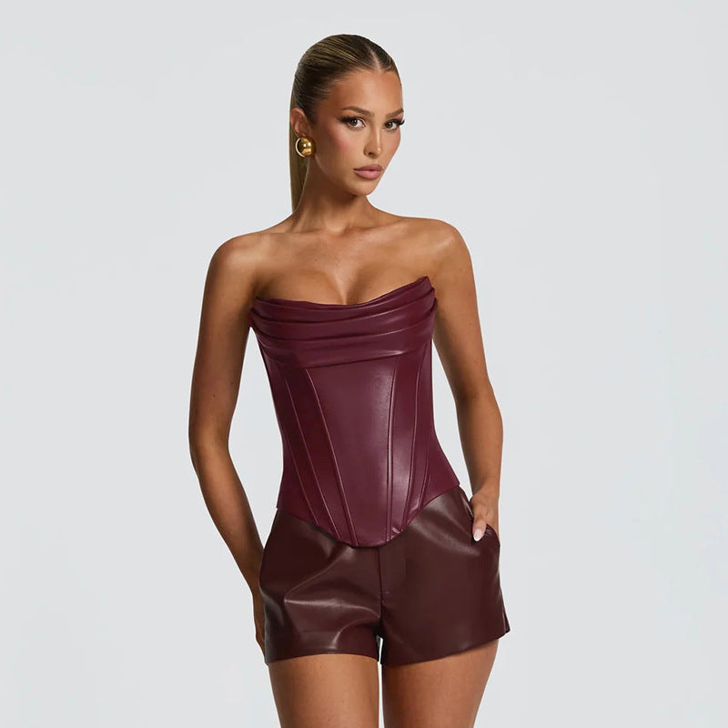 Women's PU Leather Sleeveless Corset Top With Fishbone Straps