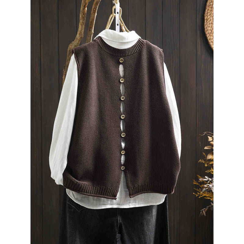 Back-Button Loose Fit Viscose Knit Sleeveless Commuter Vest