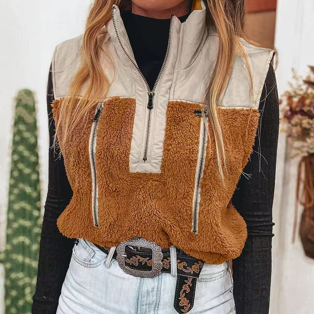 Stand Collar Wool-Blend Casual Stitch Detail Sleeveless Vest