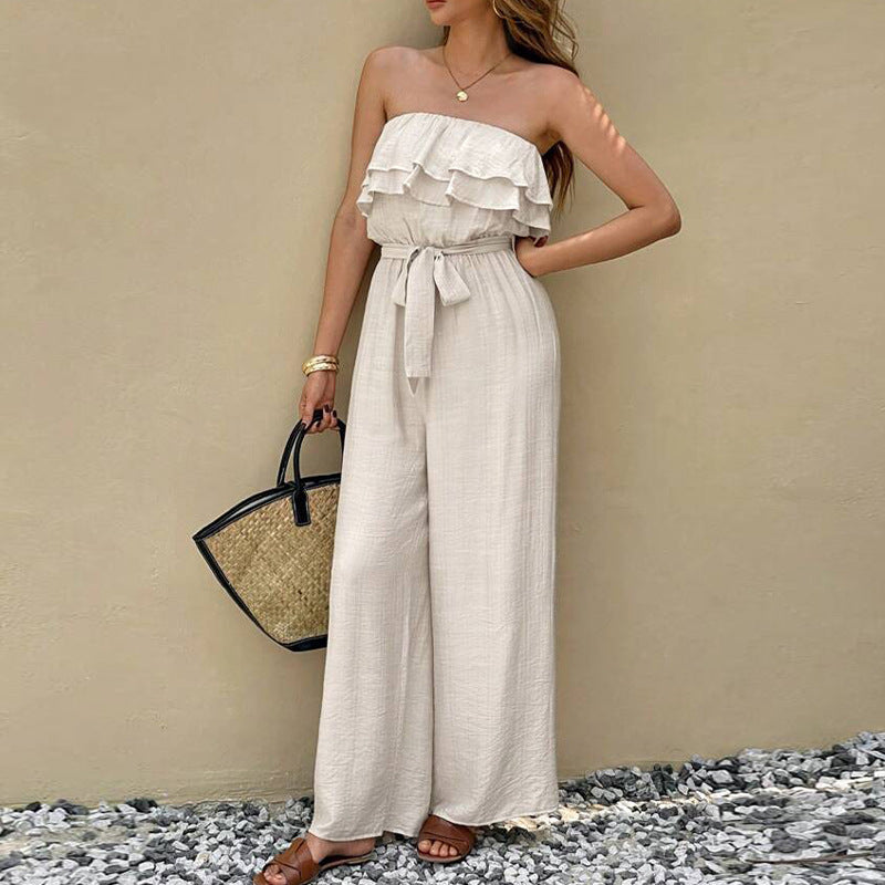 Ruffled Tube Top Sleeveless Jumpsuit With Adjustable Waist Tie