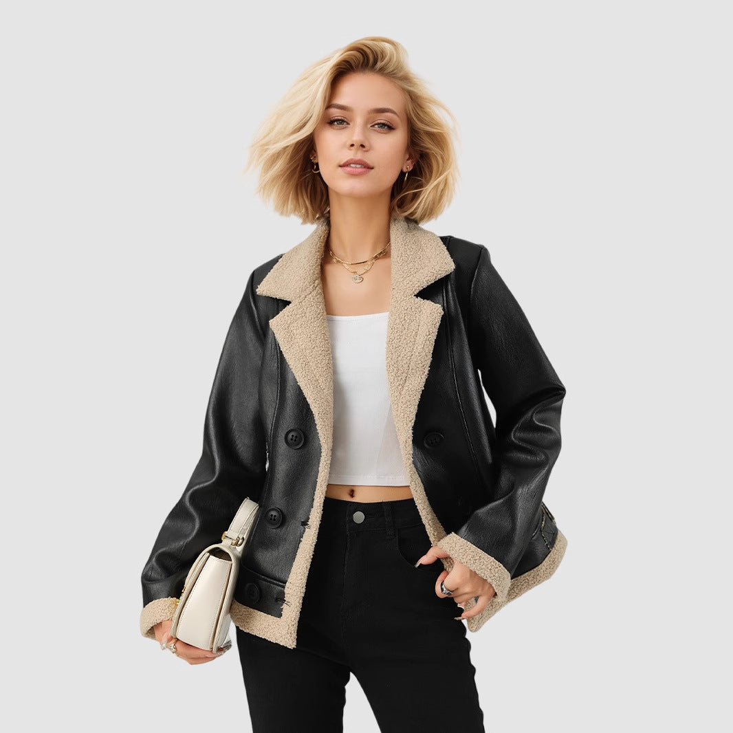 Fleece Padded PU Leather Belted Commuter Coat For Women