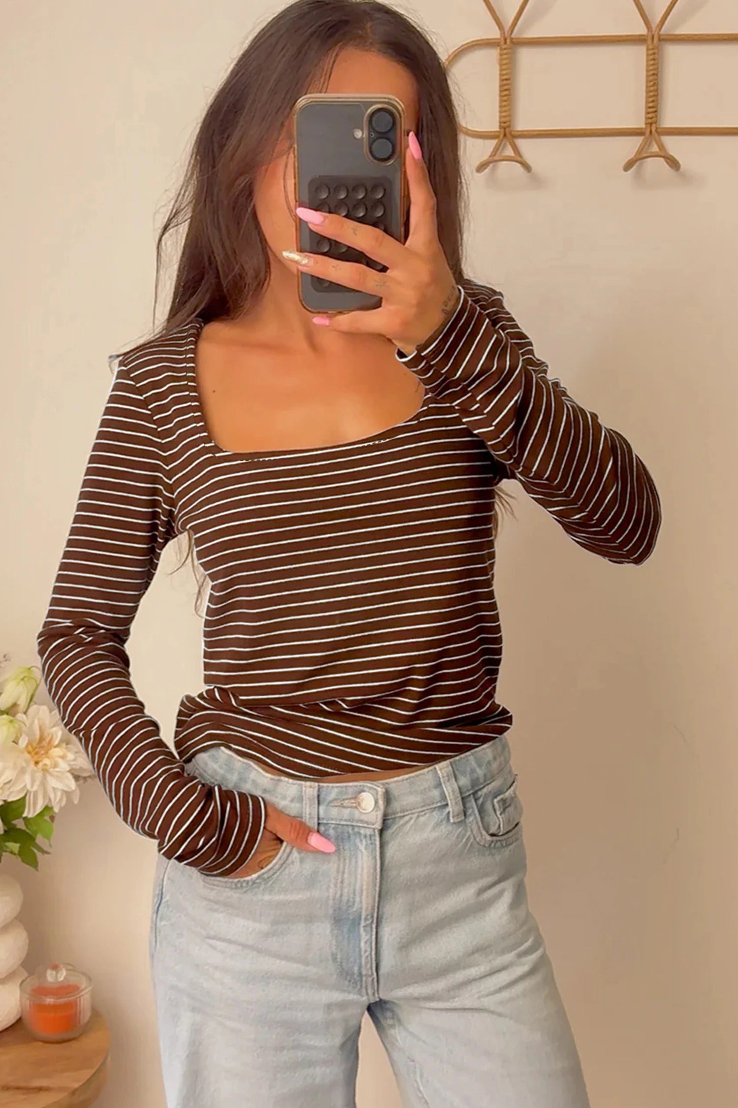 Striped Slim Fit U Neck Long Sleeve Top For Women