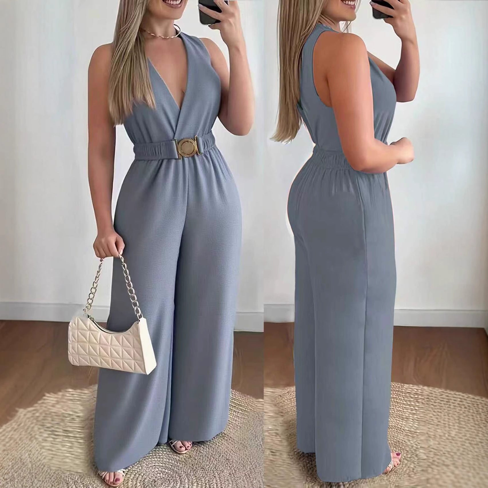 Wide Leg Solid Color Jumpsuit With High Waist And Slant Pockets