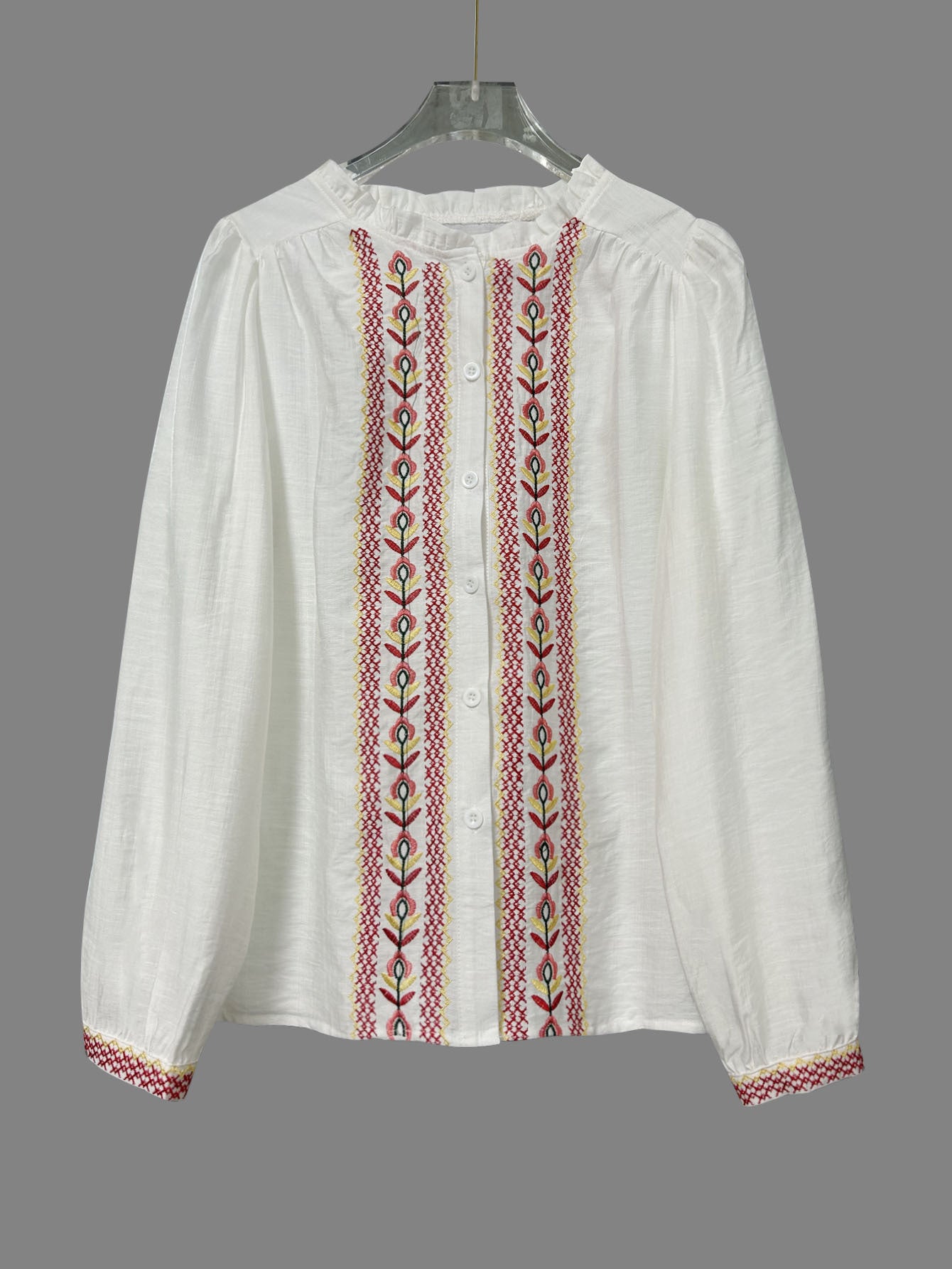 Women's Retro Embroidered Long Sleeve Shirt With Elegant Detailing