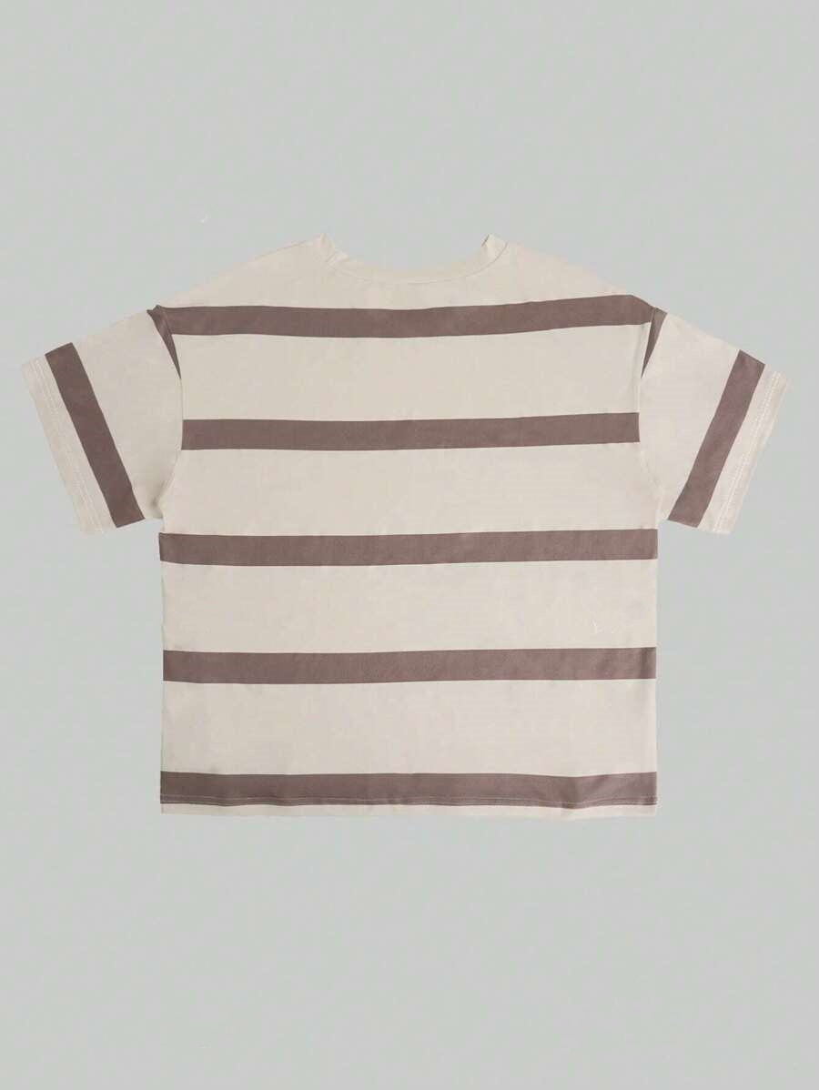 Loose Fit Striped Short Sleeve Cotton Blend Top For Everyday Wear