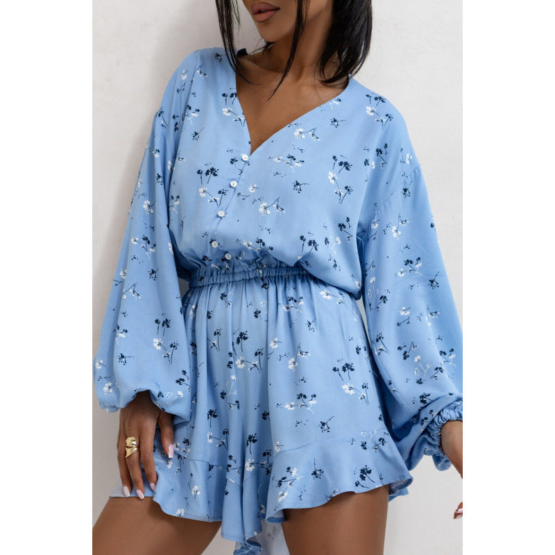 Printed V Neck Wide Leg Jumpsuit With Lantern Sleeves