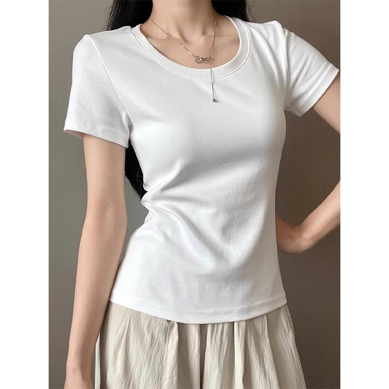 Korean Style U-Neck Cotton Short Sleeve Slim Fit Summer Basic Top