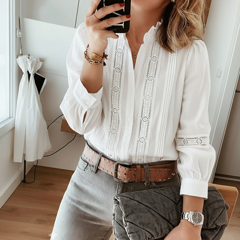 Women's Elegant Lace Stand Collar Long Sleeve Hollow White Shirt