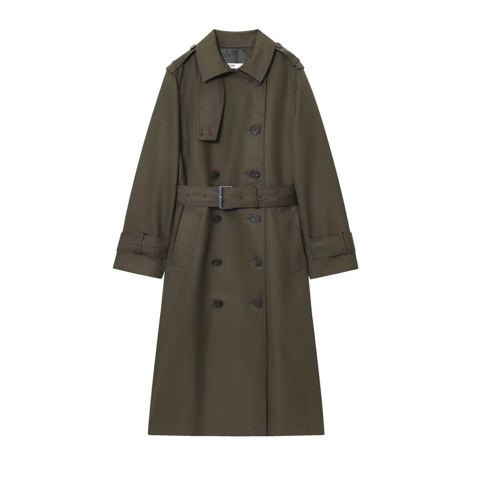 Long Double-Breasted Trench Coat With Drawstring Waist Detail For Commuting
