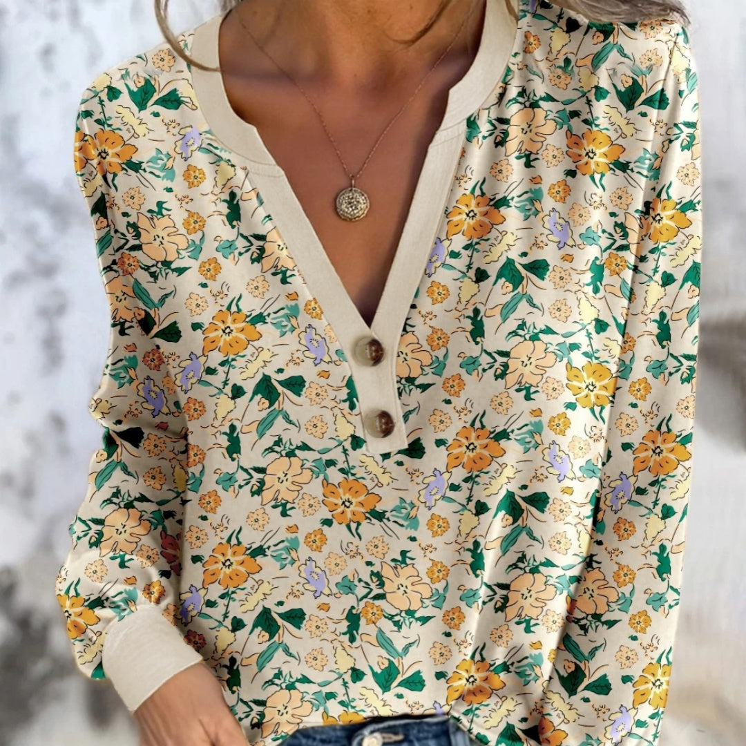 Floral Print V Neck Long Sleeve Top For Women