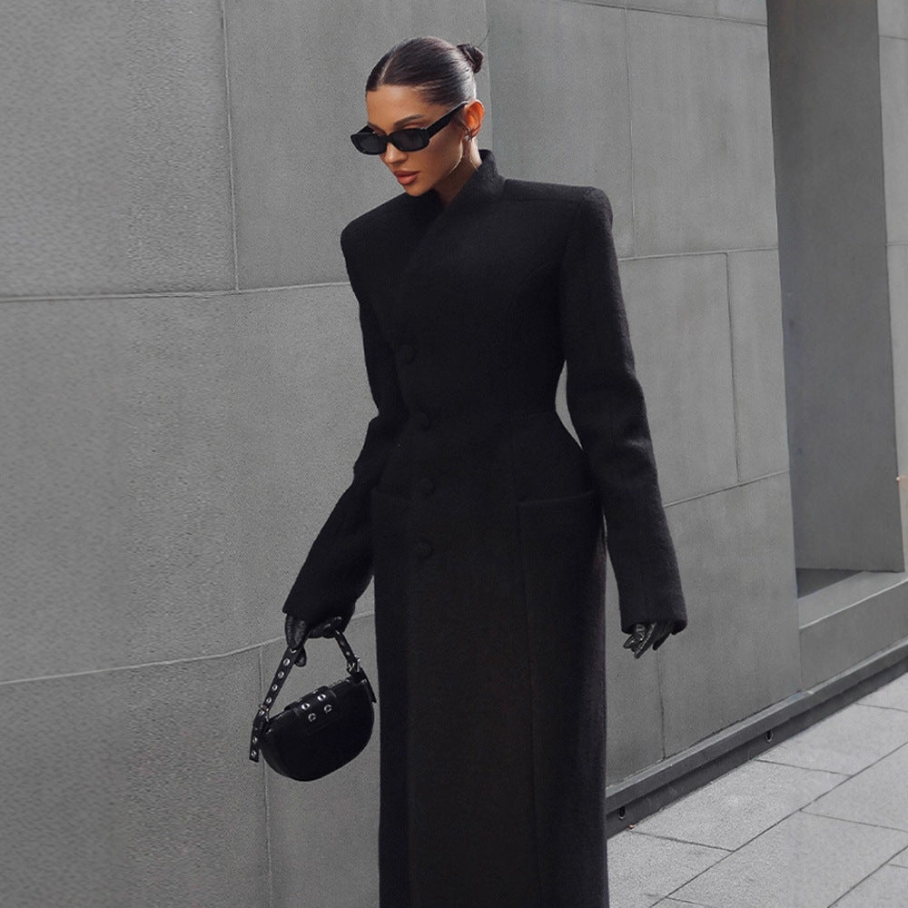 Tailored Shoulder-Padded Waist-Cinching Long Wool Coat For Women