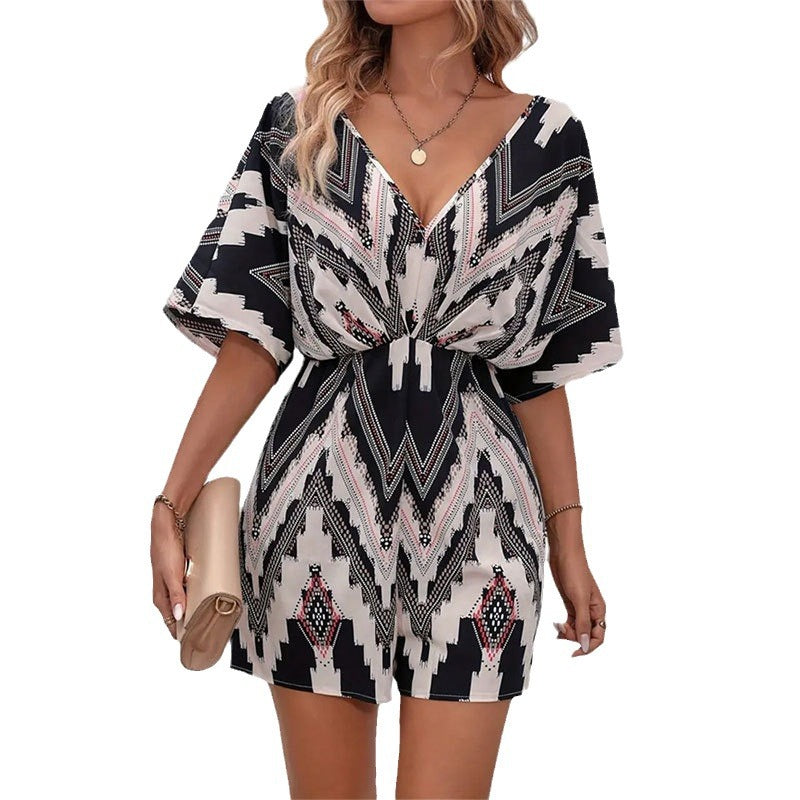 Printed V Neck Loose Fit Jumpsuit With Integrated Sleeves
